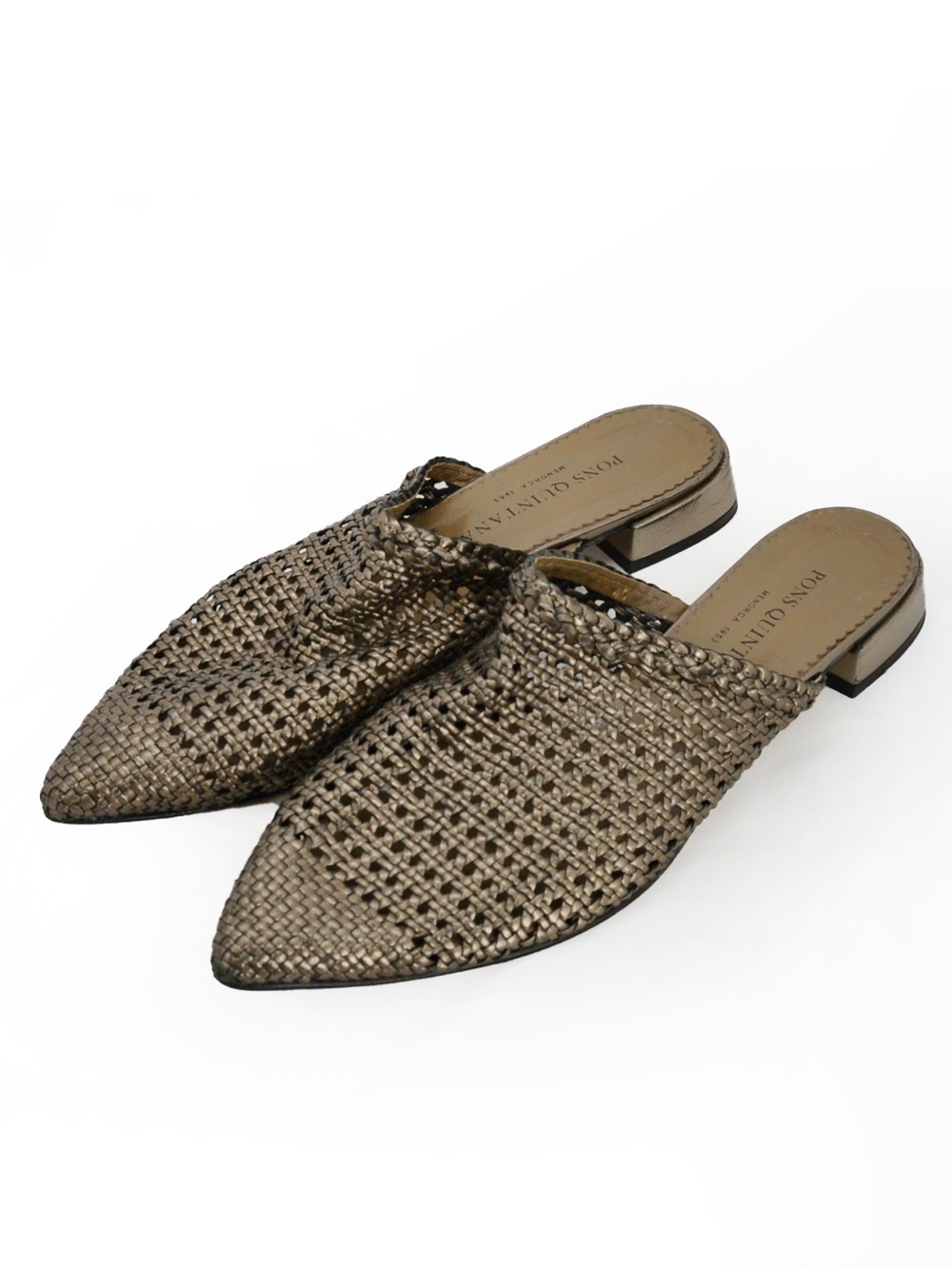 Pons Quintana Brushed Bronze Gold Woven Leather Pointed Toe Flat Mule Slip On Sh